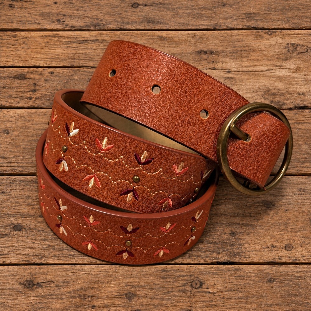 Vintage Floral Embroidered Brown Leather Belt Cambodia Studded Brass Buckle